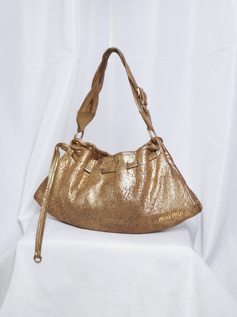 Rare 00s Miu Miu Joie Metallic Distressed Leather Hobo Bag